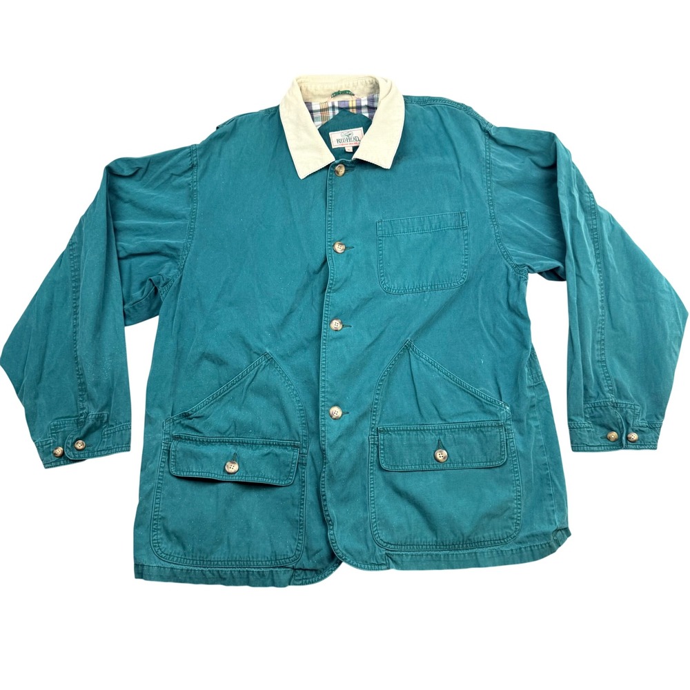 Vintage RedHead Mens Teal Canvas Field Jacket Corduroy Collar Plaid Lined XL